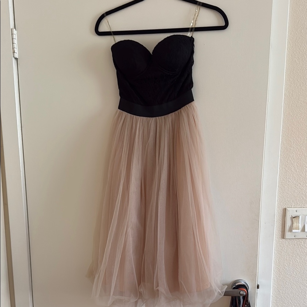 Rare London Black and Pink Strapless Fit and Flare Midi Dress